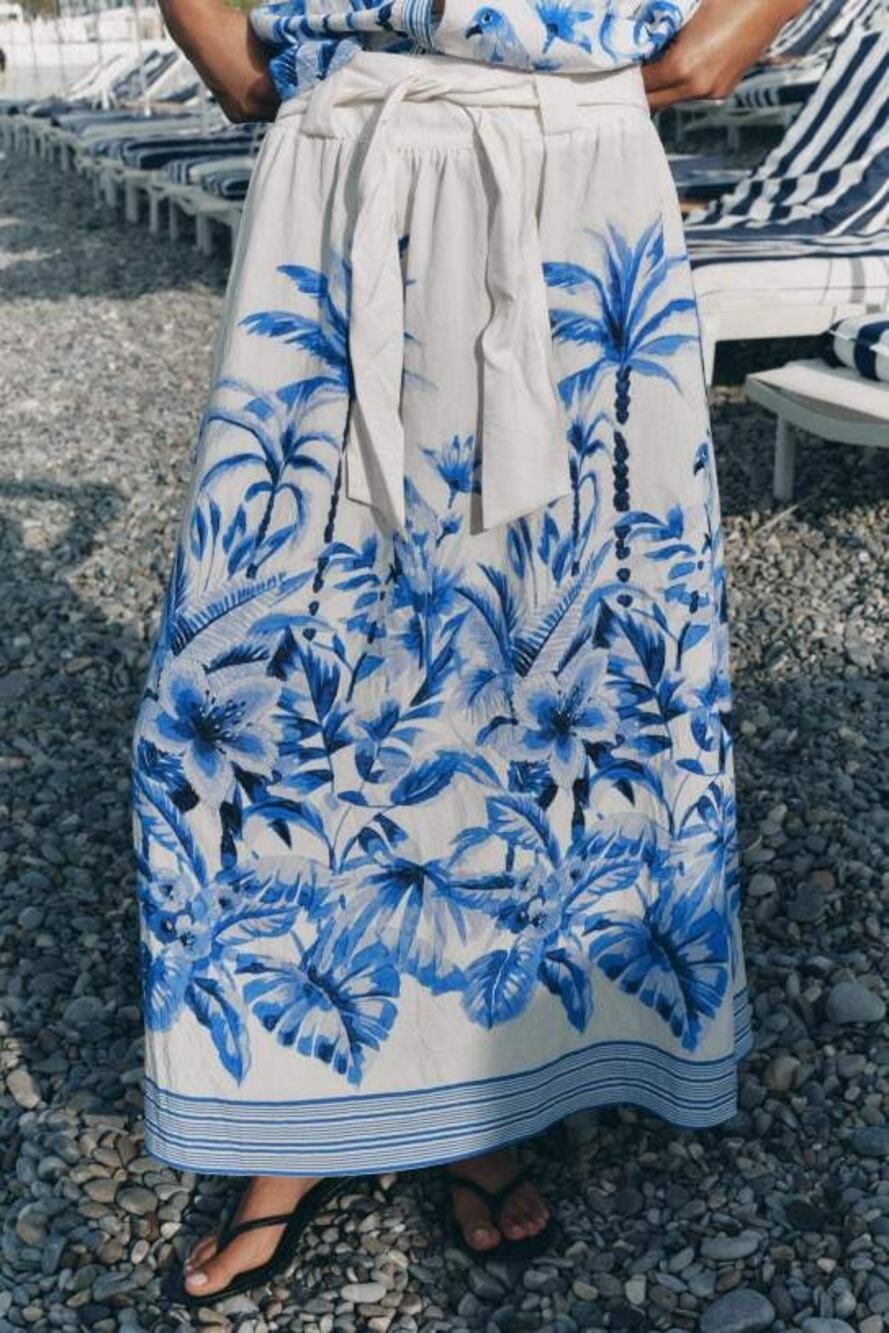 Zara Tropical Print High Waisted Tie Waist A-Line Maxi Skirt Cream Blue Medium